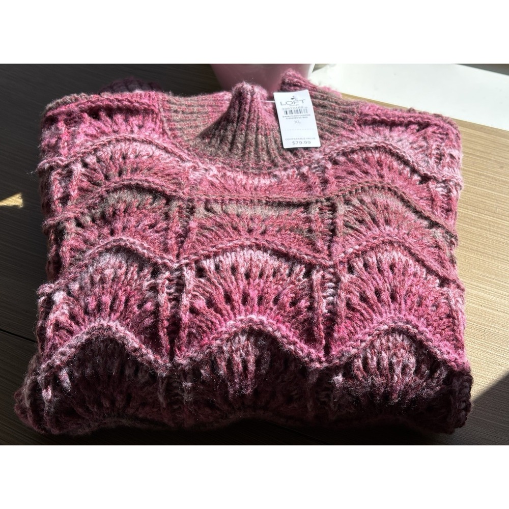 Beautiful!! Oversized Pink Chevron Pointelle Open Knit Mock Neck Cozy Sweater XL